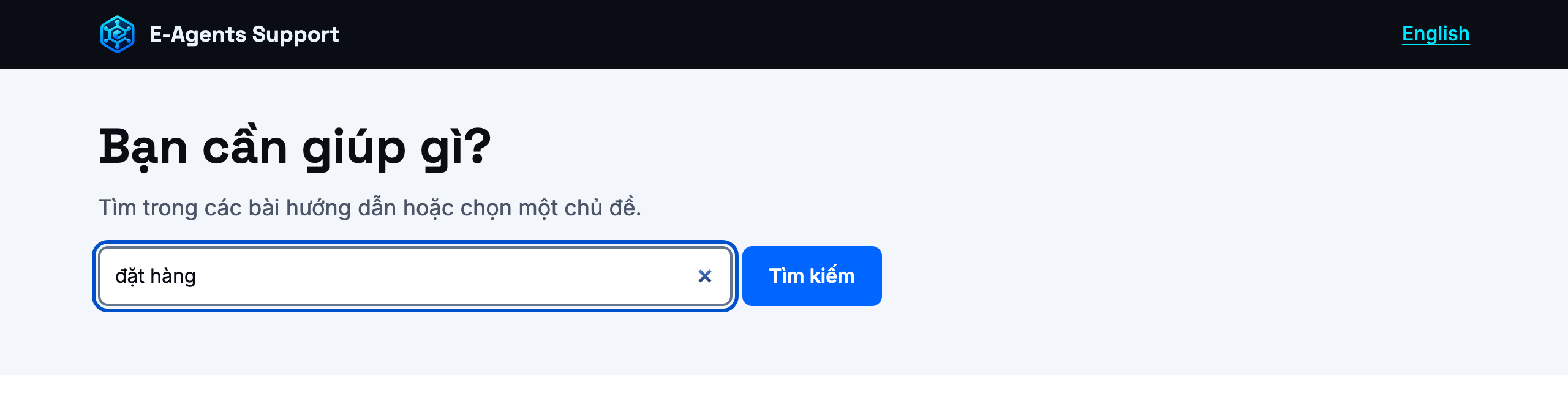 Search page of the E-Agents help center in Vietnamese, live at help.e-agents.tech